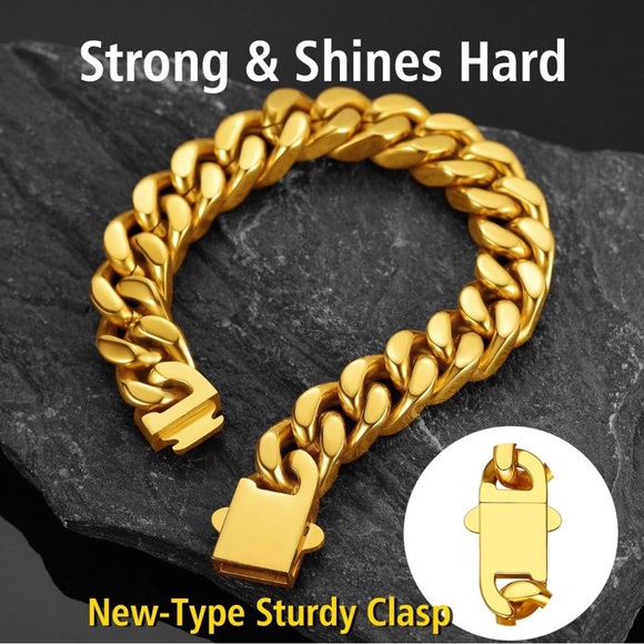 Women Gold 13mm Wide Stainless Steel Miami Curb Chain Bracelet - Picture 7 of 7